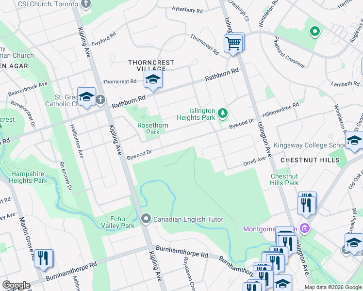 map of restaurants, bars, coffee shops, grocery stores, and more near 49 Bywood Drive in Toronto