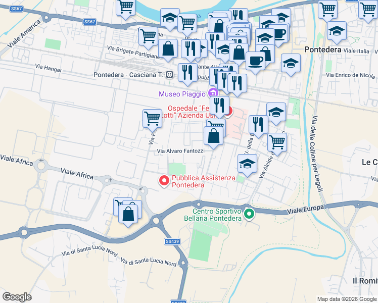map of restaurants, bars, coffee shops, grocery stores, and more near 27 Via Alvaro Fantozzi in Pontedera