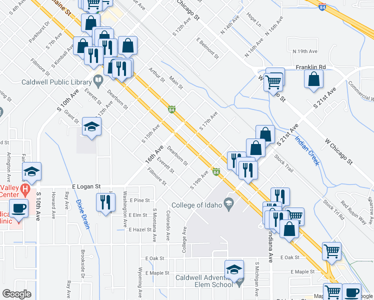 map of restaurants, bars, coffee shops, grocery stores, and more near 1702 Cleveland Boulevard in Caldwell