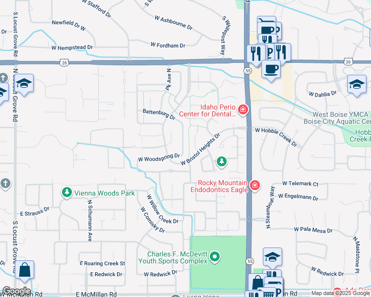 map of restaurants, bars, coffee shops, grocery stores, and more near 5800 North Rothmans Avenue in Boise