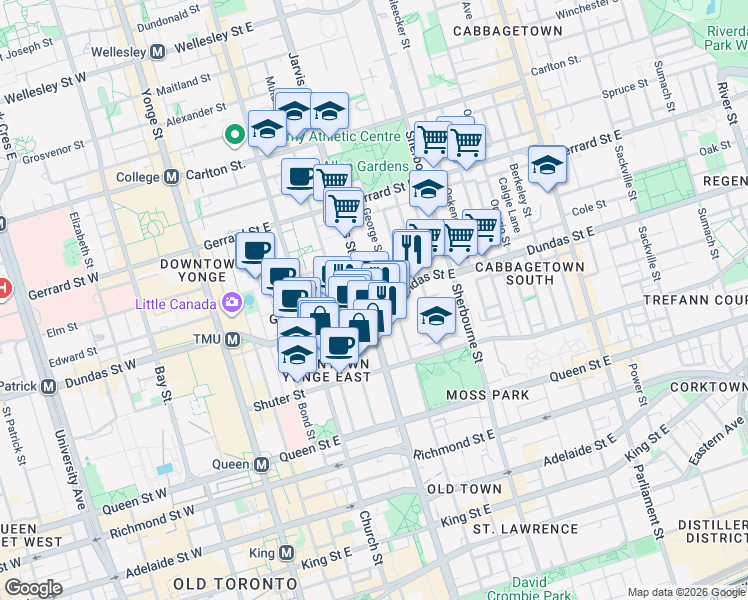 map of restaurants, bars, coffee shops, grocery stores, and more near 251 Jarvis Street in Toronto