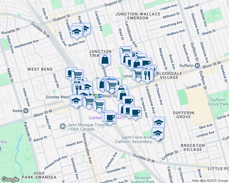 map of restaurants, bars, coffee shops, grocery stores, and more near 1396 Bloor Street West in Toronto