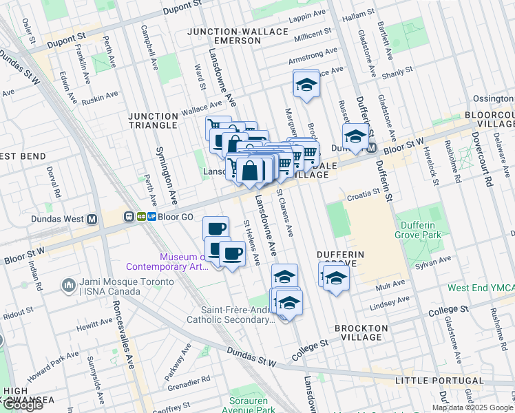 map of restaurants, bars, coffee shops, grocery stores, and more near 496 Lansdowne Avenue in Toronto