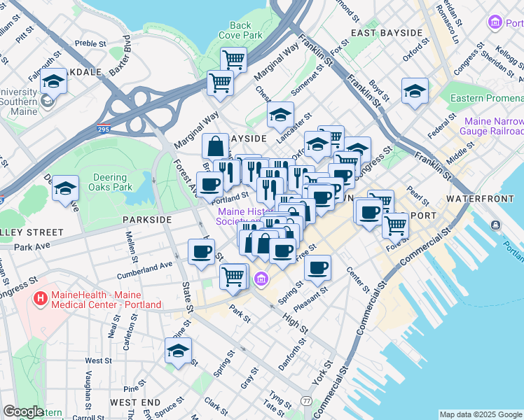map of restaurants, bars, coffee shops, grocery stores, and more near 9 Hanover Street in Portland