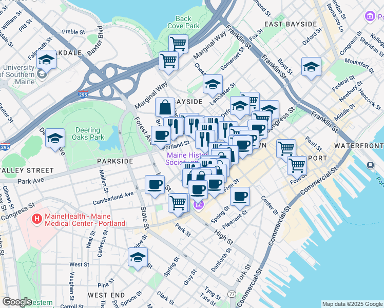 map of restaurants, bars, coffee shops, grocery stores, and more near 9 Hanover Street in Portland