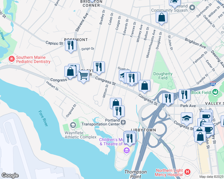 map of restaurants, bars, coffee shops, grocery stores, and more near 19 Powsland Street in Portland