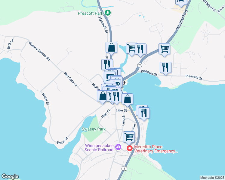map of restaurants, bars, coffee shops, grocery stores, and more near 44 Main Street in Meredith