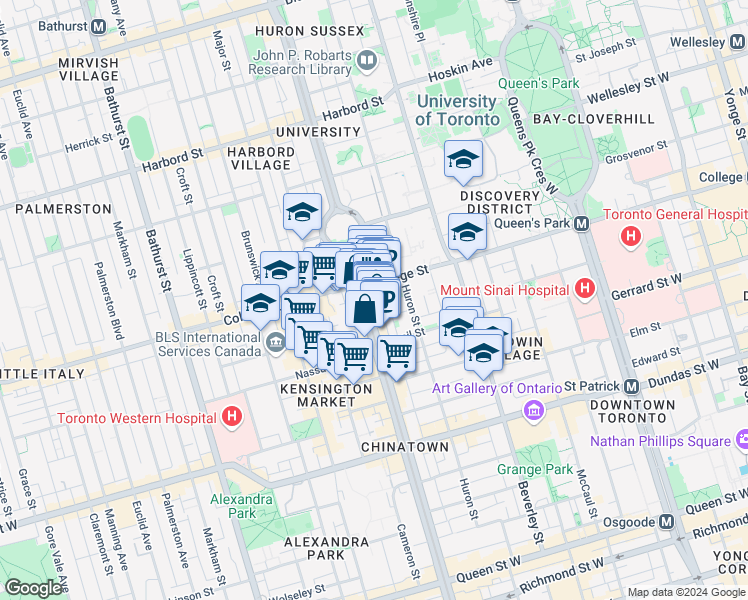 map of restaurants, bars, coffee shops, grocery stores, and more near 438 Spadina Avenue in Toronto