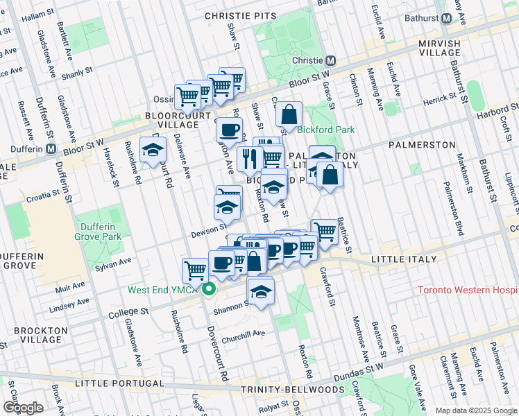 map of restaurants, bars, coffee shops, grocery stores, and more near in Toronto