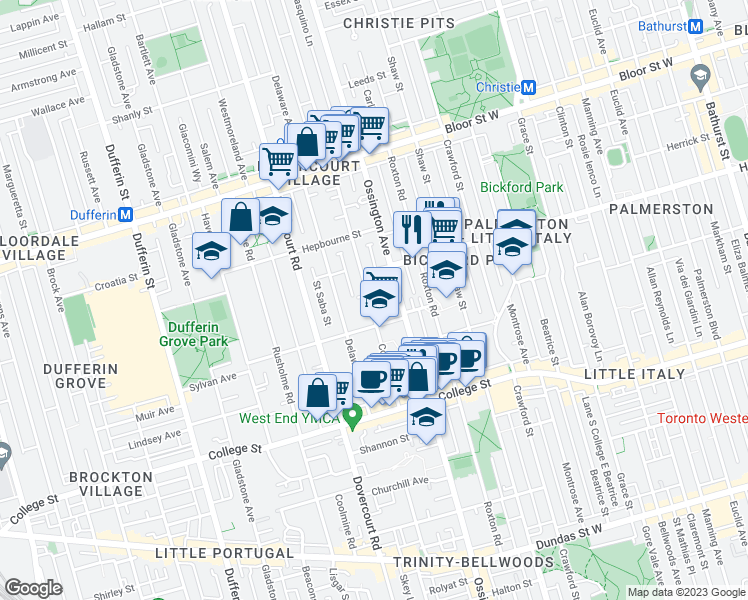map of restaurants, bars, coffee shops, grocery stores, and more near 109 Concord Avenue in Toronto