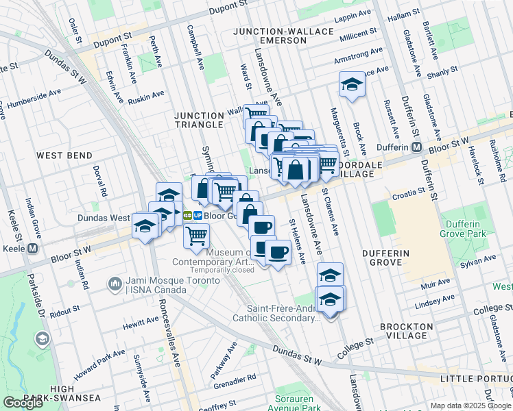 map of restaurants, bars, coffee shops, grocery stores, and more near in Toronto