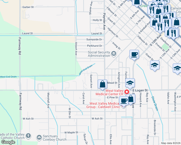 map of restaurants, bars, coffee shops, grocery stores, and more near f222 Parkview Lane in Caldwell