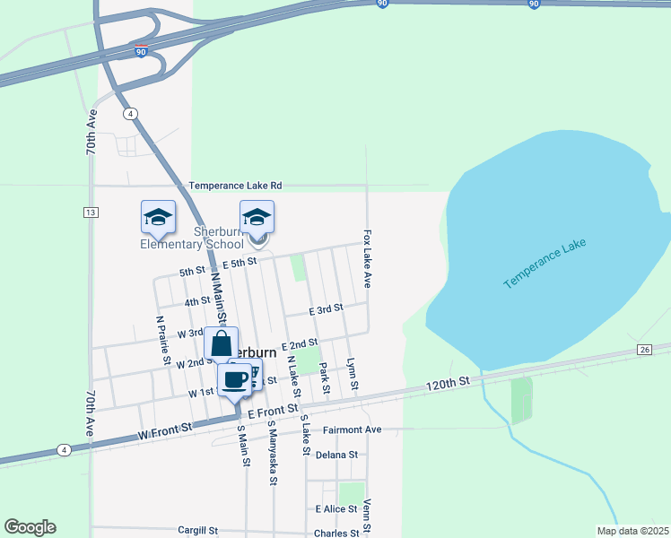 map of restaurants, bars, coffee shops, grocery stores, and more near 308 Lynn Street in Sherburn