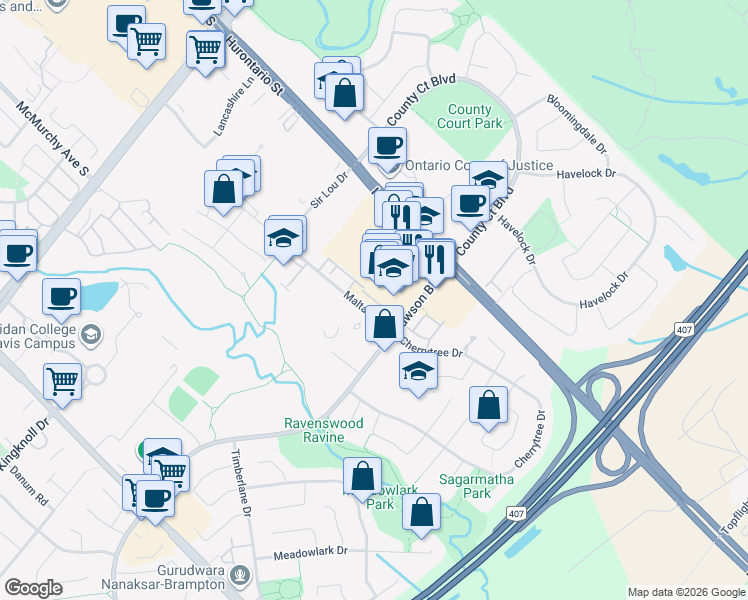 map of restaurants, bars, coffee shops, grocery stores, and more near 69 Malta Avenue in Brampton
