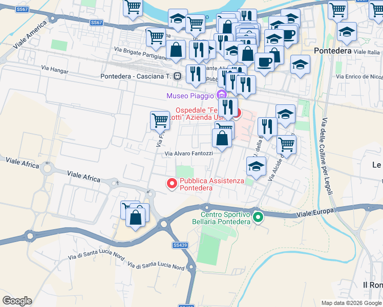 map of restaurants, bars, coffee shops, grocery stores, and more near 27 Via Alvaro Fantozzi in Pontedera