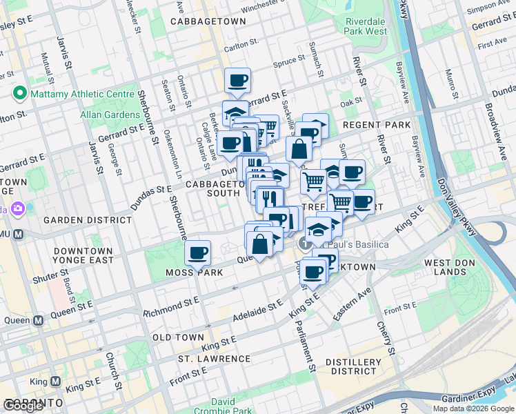 map of restaurants, bars, coffee shops, grocery stores, and more near 240 Parliament Street in Toronto