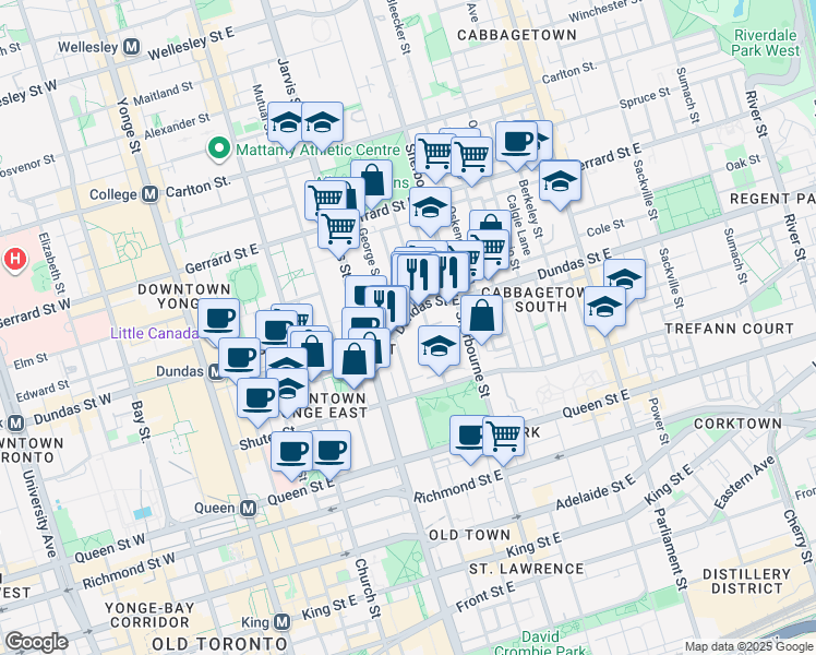 map of restaurants, bars, coffee shops, grocery stores, and more near 219 Dundas Street East in Toronto