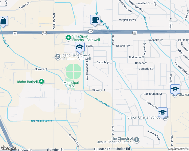 map of restaurants, bars, coffee shops, grocery stores, and more near 1410 Fawnsgrove Way in Caldwell