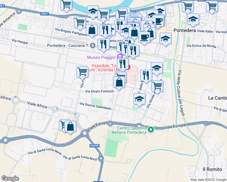 map of restaurants, bars, coffee shops, grocery stores, and more near 5 Via Alvaro Fantozzi in Pontedera