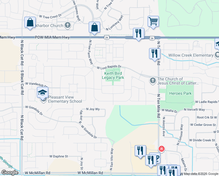 map of restaurants, bars, coffee shops, grocery stores, and more near 3759 West Vanderbilt Drive in Meridian