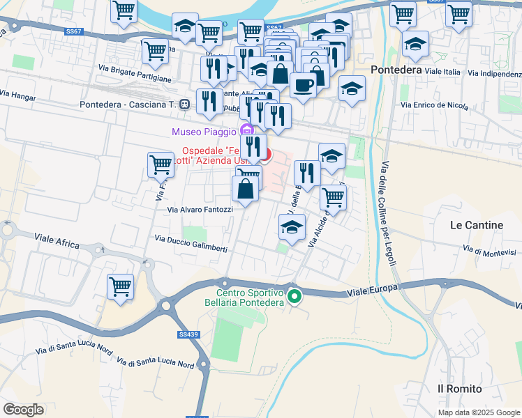 map of restaurants, bars, coffee shops, grocery stores, and more near 7 Via Galileo Galilei in Pontedera
