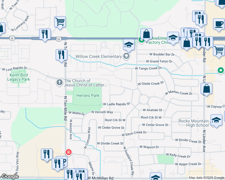map of restaurants, bars, coffee shops, grocery stores, and more near 5836 North Big Cedar Avenue in Meridian