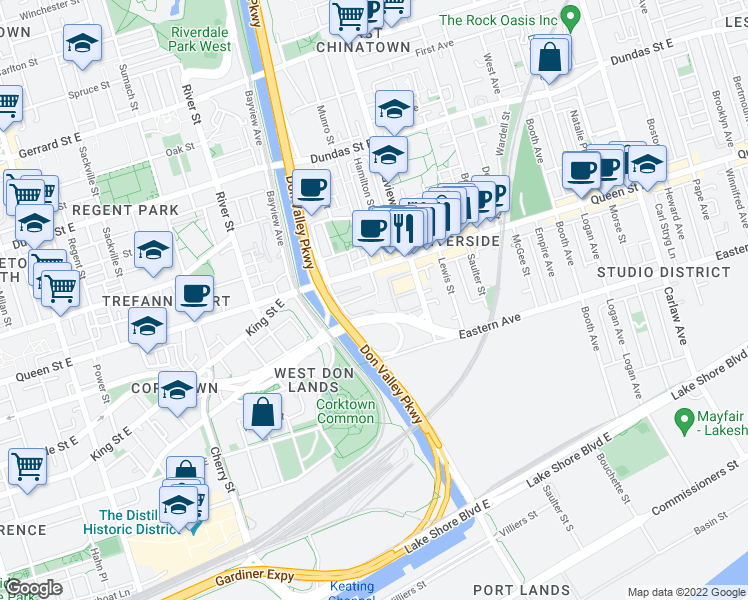 map of restaurants, bars, coffee shops, grocery stores, and more near 15 Baseball Place in Toronto