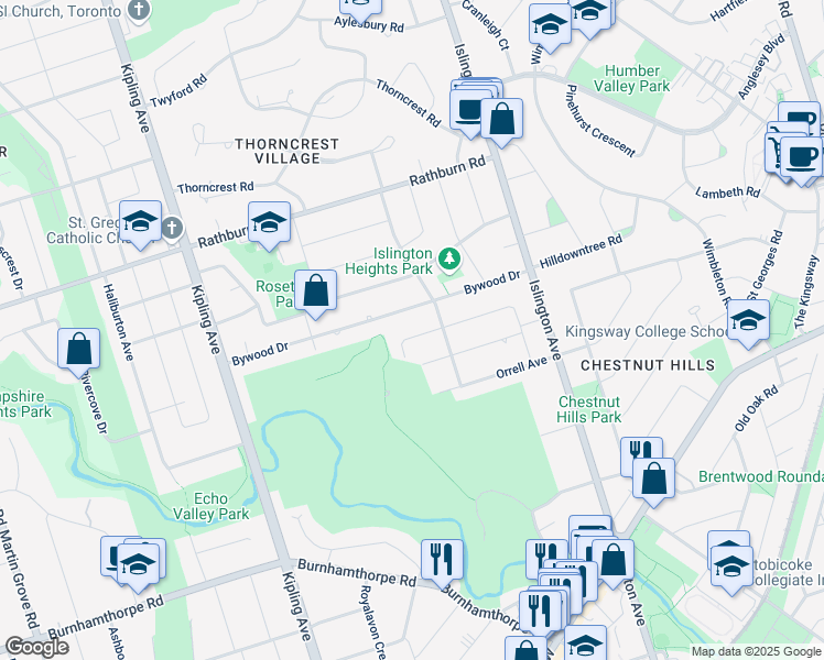 map of restaurants, bars, coffee shops, grocery stores, and more near 145 Perry Crescent in Toronto