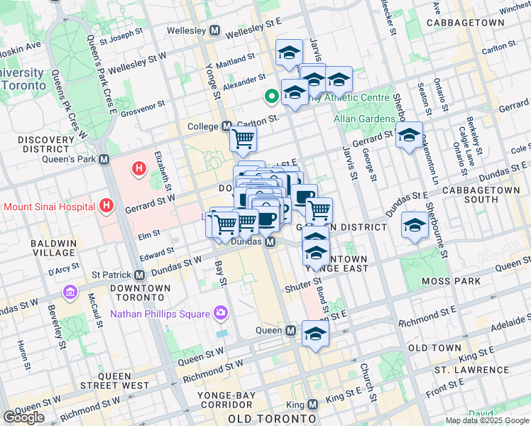 map of restaurants, bars, coffee shops, grocery stores, and more near O'Keefe Lane in Toronto