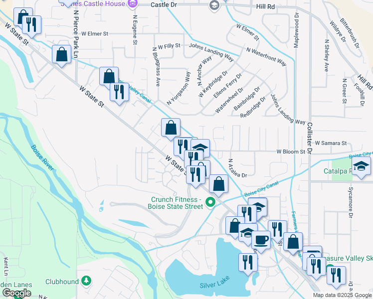 map of restaurants, bars, coffee shops, grocery stores, and more near 5660 West Bloom Street in Boise