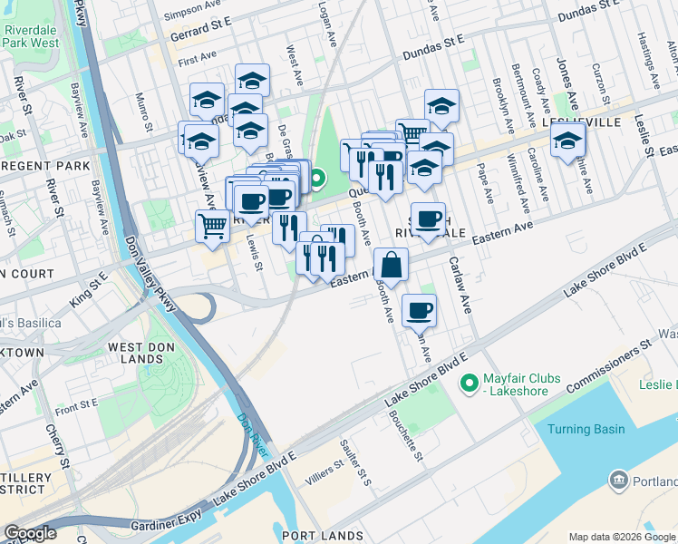 map of restaurants, bars, coffee shops, grocery stores, and more near 5 B McGee Street in Toronto
