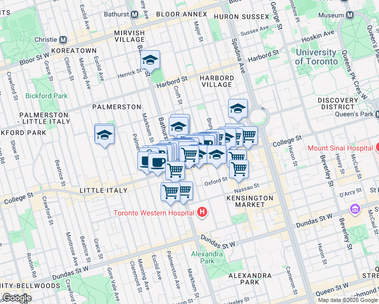 map of restaurants, bars, coffee shops, grocery stores, and more near 434 College Street in Toronto