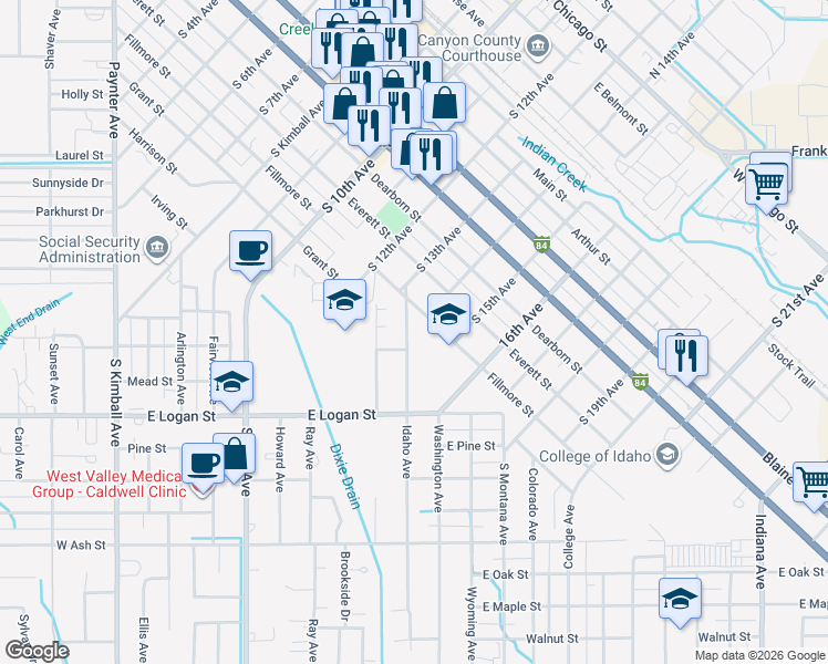 map of restaurants, bars, coffee shops, grocery stores, and more near 1519 Idaho Avenue in Caldwell