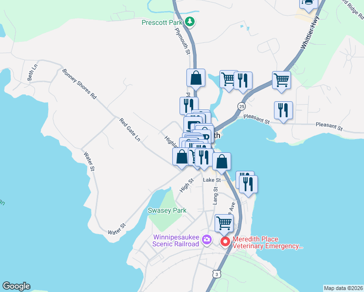 map of restaurants, bars, coffee shops, grocery stores, and more near 11 Highland Street in Meredith