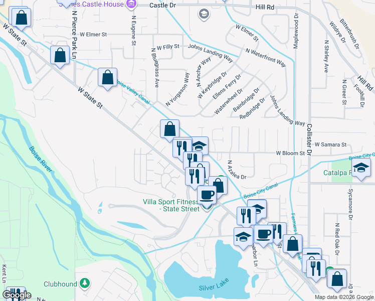 map of restaurants, bars, coffee shops, grocery stores, and more near 5664 West Bloom Street in Boise