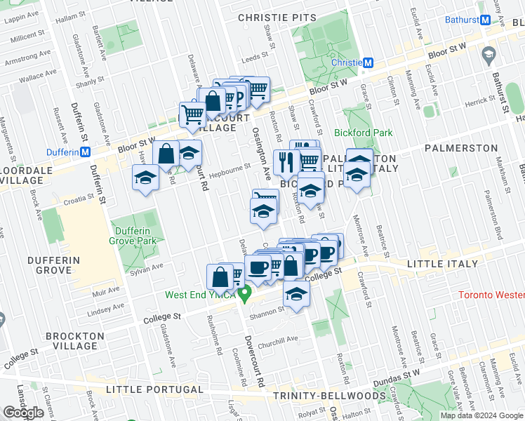 map of restaurants, bars, coffee shops, grocery stores, and more near 109 Concord Avenue in Toronto