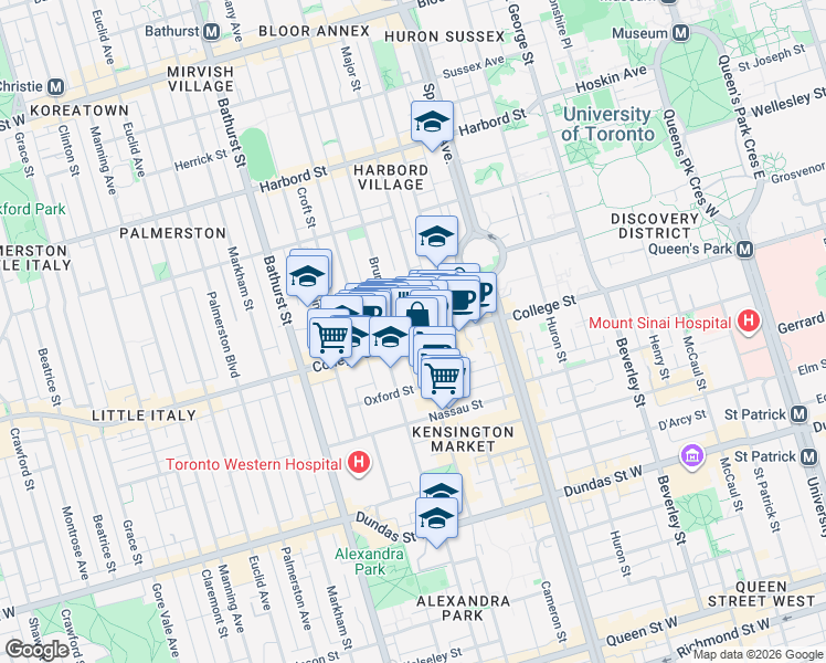 map of restaurants, bars, coffee shops, grocery stores, and more near 370 College Street in Toronto