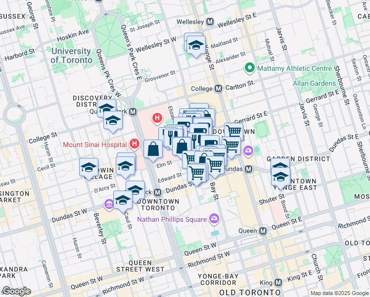 map of restaurants, bars, coffee shops, grocery stores, and more near 175 Elizabeth Street in Toronto
