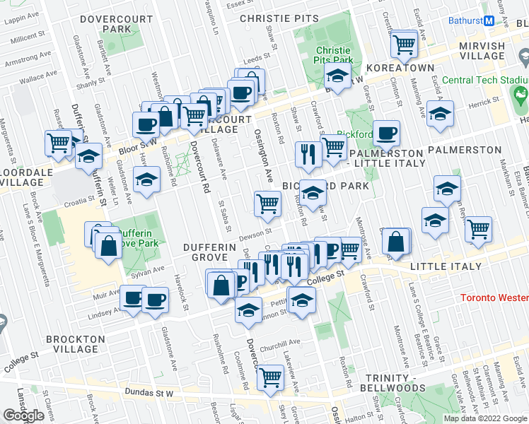 map of restaurants, bars, coffee shops, grocery stores, and more near 109 Concord Avenue in Toronto
