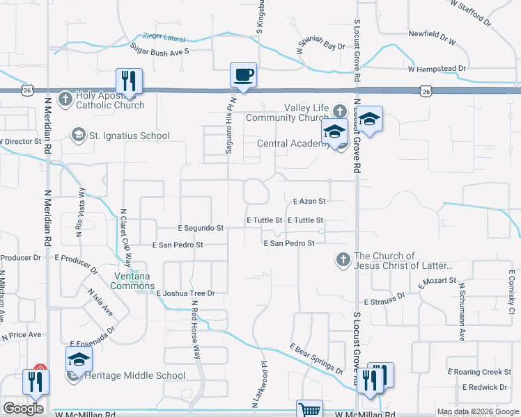 map of restaurants, bars, coffee shops, grocery stores, and more near 1099 East Azan Street in Meridian