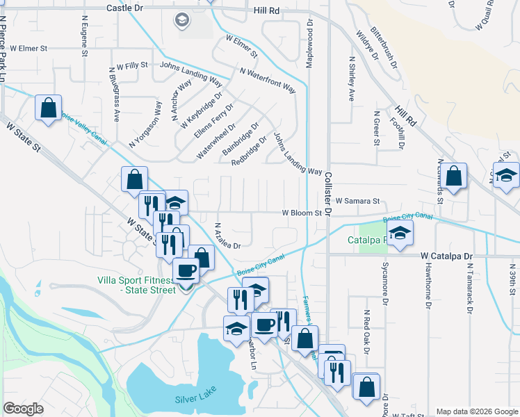 map of restaurants, bars, coffee shops, grocery stores, and more near 4103 Tredwell Place in Boise