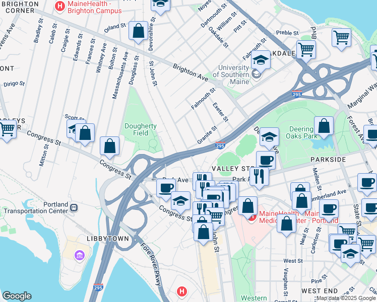map of restaurants, bars, coffee shops, grocery stores, and more near 395 Saint John Street in Portland