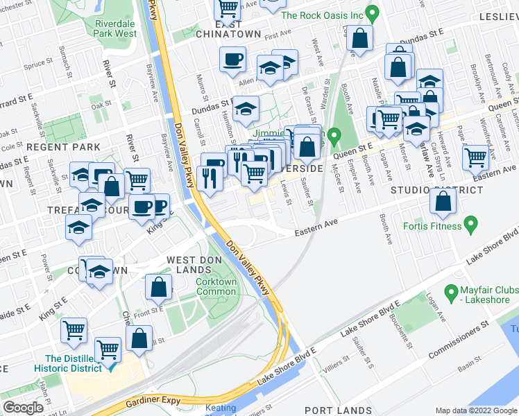 map of restaurants, bars, coffee shops, grocery stores, and more near in Toronto