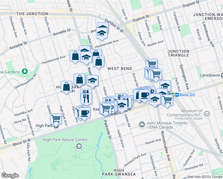 map of restaurants, bars, coffee shops, grocery stores, and more near in Toronto