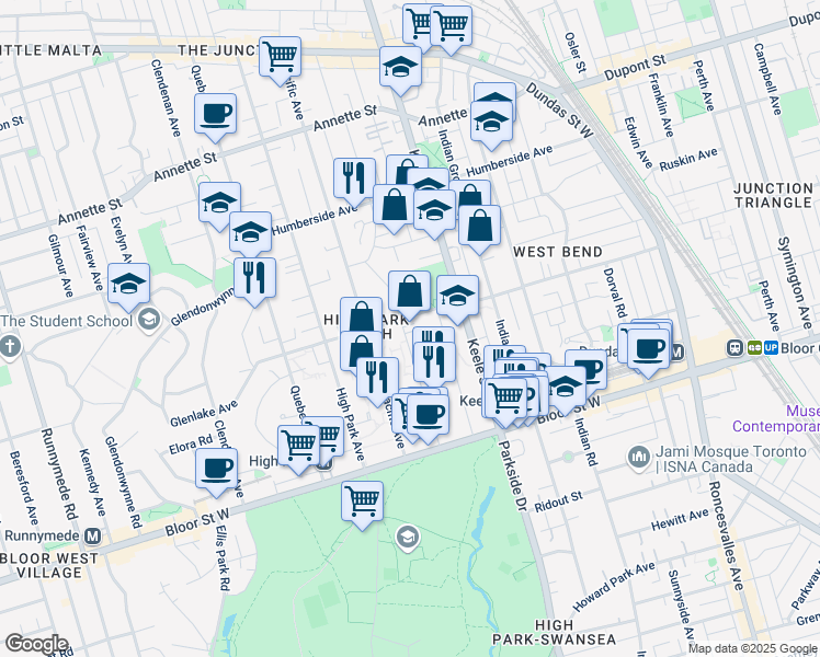 map of restaurants, bars, coffee shops, grocery stores, and more near in Toronto