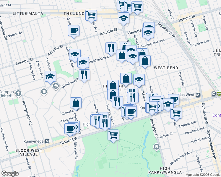 map of restaurants, bars, coffee shops, grocery stores, and more near in Toronto