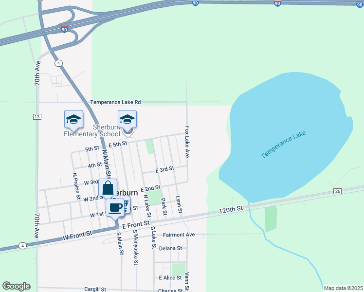 map of restaurants, bars, coffee shops, grocery stores, and more near 308 Lynn Street in Sherburn