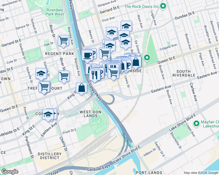 map of restaurants, bars, coffee shops, grocery stores, and more near 25 Baseball Place in Toronto