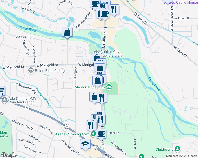 map of restaurants, bars, coffee shops, grocery stores, and more near 5825 North Glenwood Street in Garden City