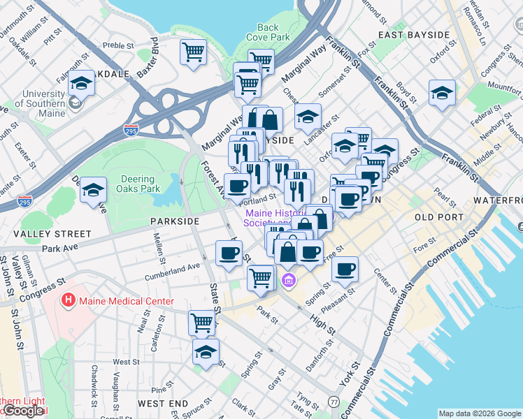 map of restaurants, bars, coffee shops, grocery stores, and more near 3 Mechanic Street in Portland